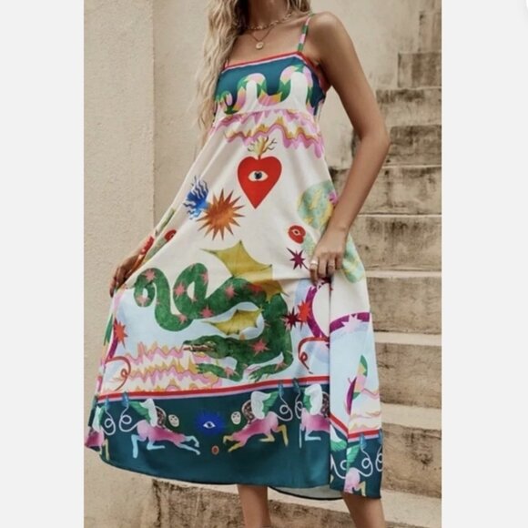 Colorful White Dragon Print Vacation Cotton Blend Dress - Picture 1 of 13